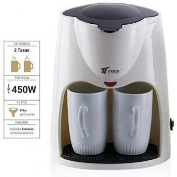 Cafetera de Goteo Que Incluye Dos Tazas de Porcelana de 0.24L de Capacidad Cada una. Cuenta con una Potencia de 450W e indicador Luminoso de Funcionamiento.THULOS TH-CM02