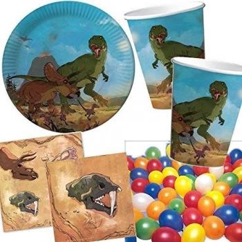 Servicio de fiesta (37 unidades, incluye platos, vasos y servilletas de papel + decoración de fiesta de cumpleaños para niños), diseño de dinosaurio triceratops y tiranosaurio
