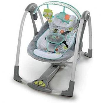 Ingenuity Compact Swing and Go Hugs & Hoots - Portable Baby Bouncer with 5 Swing Speeds and Melodies