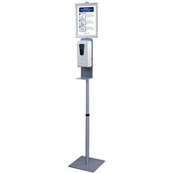 Soporte de pie para dispensador automático de gel/líquido desinfectante. Altura ajustable de 130 a 170 cm. Incluye marco con cartel informativo A4. No incluye dispensador