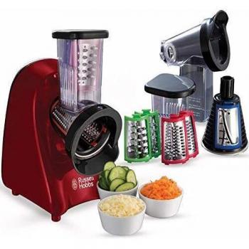 Russell Hobbs Picadora Slice & Go - 3 Accesorios: Cortar en Rodajas, Tiras Gruesas y Rallar, Discos de Corte de Acero Inoxidable, Espacio Para Guardar los Accesorios, Fácil Limpieza, Rojo - 22280-56