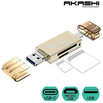Lector de Tarjetas SD / Micro SD 3 en 1: USB, Micro USB y USB-C - Gris AKASHI