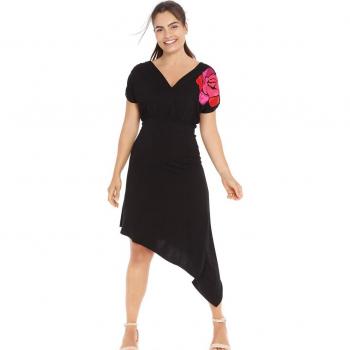 Mamatayoe - Vestido midi con escote en pico y bajo asimétrico, color negro