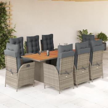 Set de Comedor de Jardín 9 Piezas con Cojines de Polyrattan Gris