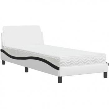 Cama individual con colchón de cuero sintético blanco y negro 90x200 cm, estructura curvada, mueble para dormitorio