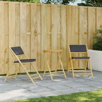 Folding 3-Piece Bistro Set with Dark Gray Cushions and Bamboo Frame