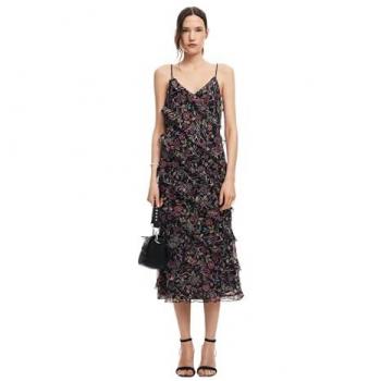 Desigual - Vestido midi volantes negro para mujer, tamaño XL