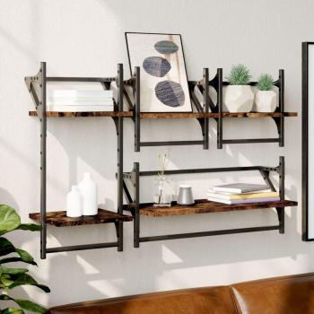 Juego de estantes de pared con varillas, 4 piezas, multicapa madera humo roble, diseño moderno y funcional