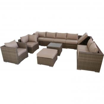 Nature Rattan 11-Piece Modular Outdoor Recliner Sofa Set with Cushions and Glass Table