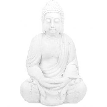Figura Buda Sentado 70 cm, Escultura Jardín XL, Resistente a Intemperie y Heladas, Decoración Exterior, Blanco, Polirresina
