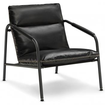 Sillón moderno de medio siglo con brazos, estructura metálica, cuero sintético con costuras, para salón y dormitorio, color marrón caramelo, negro tinta y verde bosque