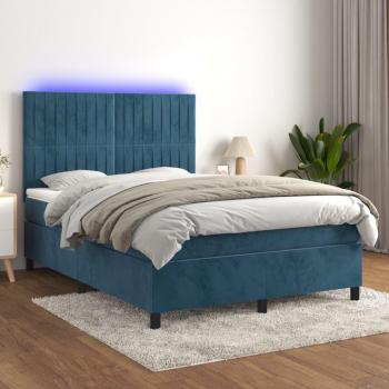 Cama Box Spring con Colchón y LED Terciopelo Azul Oscuro 140x200 cm