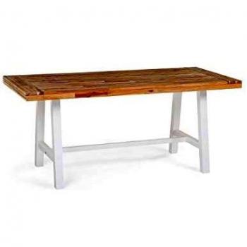 Mesa de comedor para 6 personas en madera de acacia clara y blanca, dimensiones 170 x 80 cm, apta para exterior e interior