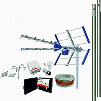 Kit Amplificado Antena TV 5G 13 dB con Rollo de 20M, Amplificador de 30dB, Fuente de Alimentación y Conectores F y TV + 2 Mástiles de 1M