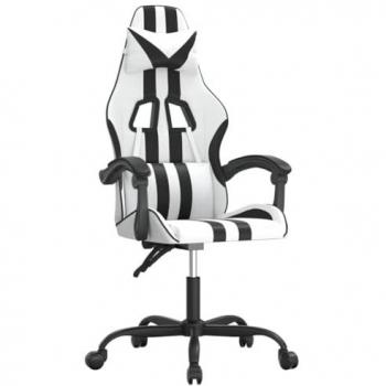 Silla gaming giratoria cuero sintético blanco y negro con reposabrazos, inclinación alta ajustable y ruedas para oficina, sala de estar y trabajo