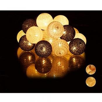 Guirnalda LED Relaxdays con 20 Bolas de Algodón, Iluminación Ambiental a Pilas, Esferas de 6 cm Ø, Blanco/Grey/Negro