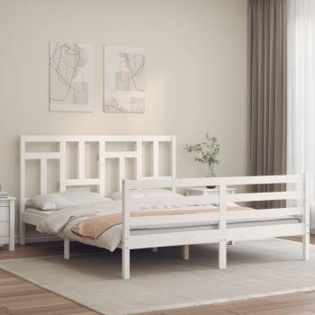 Cama king size de madera maciza con cabecero blanco