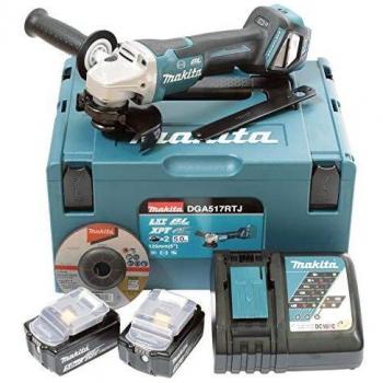 Amoladora Angular Inalámbrica Makita 18V con Interruptor de Paleta, Doble Batería y Cargador en MAKPAC, Modelo DGA517RTJ