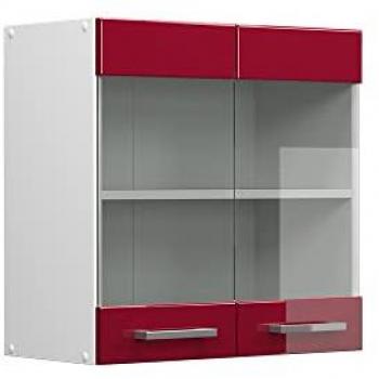 Mueble Alto Universal R-Line, Rojo Burdeos Alto Brillo/Blanco, 60 cm con Puertas de Cristal