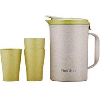 Finether-Jarra para Agua (4 Piezas, Un Jarro, 3 Vasos, Material de la Paja de Trigo, Ecológico, Sano, Conveniente, Seguro) Verde