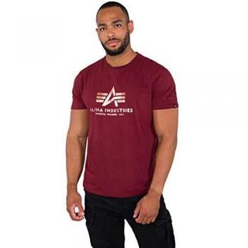 Alpha Industries Men's Basic Foil Print T-Shirt - Burgundy/Gold, Short Sleeve, XL