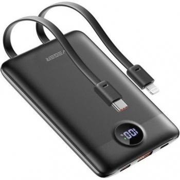 PowerBank Veger 10000mAh con Cables Integrados USB-C y Lightning, 22.5W, Negro