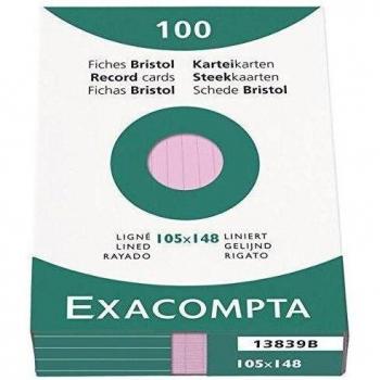 Exacompta Bristol - Tarjeta de registro, Rayado, A6, paquete de 100 tarjetas, Rayado, Rosa, A6, paquete de 100 tarjetas
