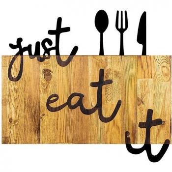 Wellhome - Decoración Mural de Madera y Metal para Cocina - Diseño de Metal con Frase y Cubiertos - 100% Metal y Madera - 58 X 3 X 52cm