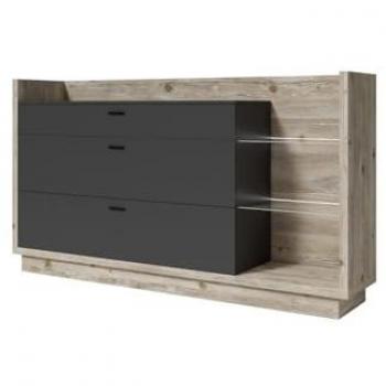 Buffet Diseño XL 200cm. Colección Cork con 3 Cajones y Estanterías. Colores Pino y Gris Antracita