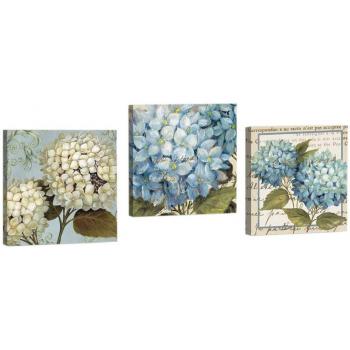 Tríptico de Lienzos Decorativos en Piel PU con Diseño de Flores Azules y Blancas - 3 piezas, color blanco y azul