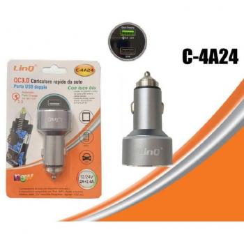 Cargador de Coche 2 USB 2A + 2.4A con Luz Azul C-4A24