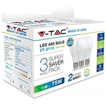 V-TAC 7353 - Lote de 3 bombillas LED, 11 W, A60, casquillo E27 VT-2113