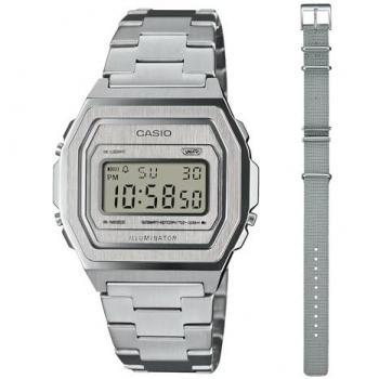 Reloj Casio Edición Especial A1000DN-7ER - Reloj digital, diseño vintage, correa de acero inoxidable, fondo plateado, resistente al agua, incluye un strap adicional