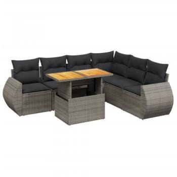 7-Piece Grey Poly Rattan Garden Sofa Set with Cushions