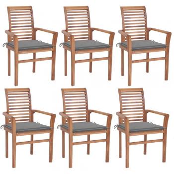 Teak Wood Dining Chairs Set of 6 with Grey Cushions