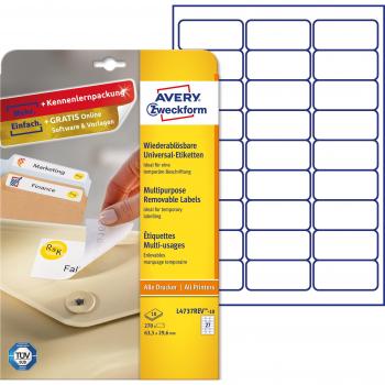 Etiquetas Reposicionables Universales Avery Zweckform, 63,5 x 29,6 mm, Paquete de 270 Etiquetas en 10 Hojas, Color Blanco