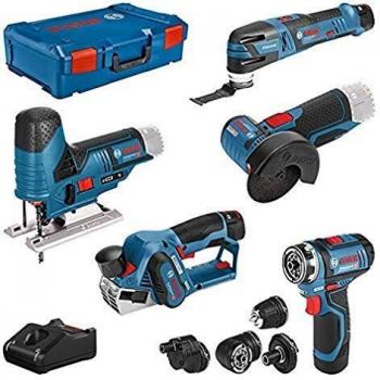 Bosch Professional 12V - atornillador GSR 12V-15 FC +cepillo GHO 12V-20 +amoladora GWS 12V-76 +sierra de calar GST 12V-70 +multiherramienta GOP 12V-28