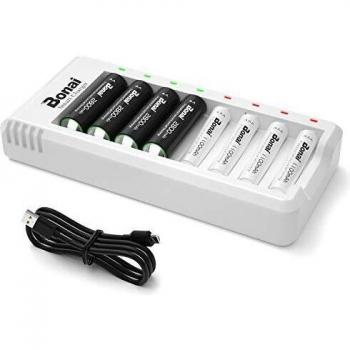 BONAI Cargador de Pilas Recargables AA y AAA Ni-MH/Ni-CD 8 Ranuras con 4 Piezas 2800mAh AA y 4 Piezas 1100mAh AAA Ni-MH Ni-CD Baterías Recargables con Puerto USB