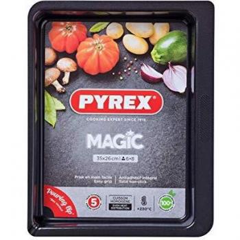 Fuente Rectangular Antiadherente Pyrex Magic 35x26 cm - Acero Gris Metalizado, Apto Horno y Congelador, Garantía 5 años