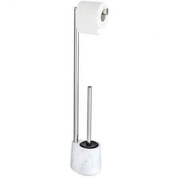Escobillero y portarrollo de baño Adrada, cerámica efecto mármol blanco, 13x72 cm