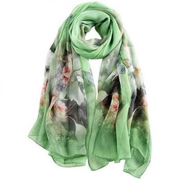 STORY OF SHANGHAI Bufanda de Seda Mujer 100% Seda Estampado Floral Colorido Gran Bufanda Mantón Ultraligero Transpirable Elegante,Flor Verde,175 * 100 cm