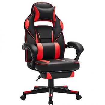 SONGMICS Silla de Oficina, Silla Racing Ergonómica, con Reposapiés Telescópico, Respaldo Ajustable, Reposacabezas y Soporte Lumbar, Capacidad de Carga de 150 kg, Negro y Rojo OBG73BRV1