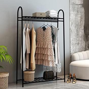 Perchero Burro Hvorslev con 2 Estantes y Barra Porta Ropa, Metal Negro 144 x 89 x 33 cm