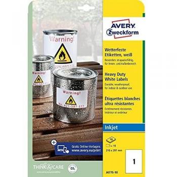 AVERY España J4775-10 - Pack de 10 Folios de Etiquetas de poliéster, 210 x 297 mm, Color Blanco