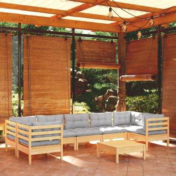 8-Piece Pinewood Garden Lounge Set with Grey Cushions