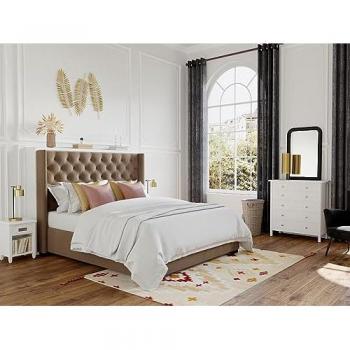 Cama con cabecero acolchado de tela beige - 160 x 200 cm + colchón Massimo II