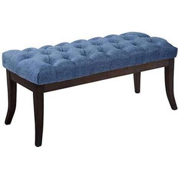Banco con patas de madera y asiento en tela azul CLP