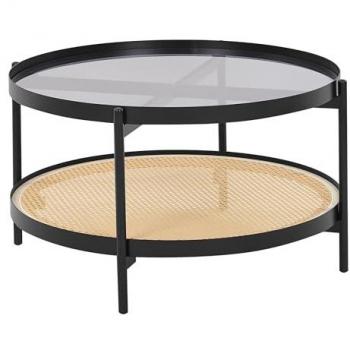 Mesa de Centro Moderna con Tablero de Vidrio Templado, Estructura Redonda de Metal y Estante Trenzado Vienés en Madera Clara Reno