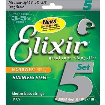 Elixir 14777 Nanoweb Stainless Steel 5-String Bass Strings Light 45-130