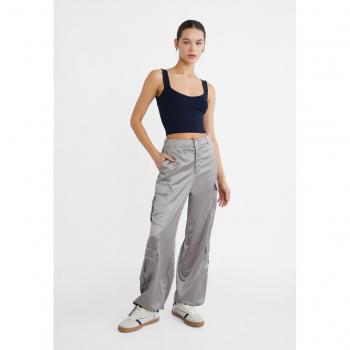 Stradivarius Grey Satin Cargo Pocket Trousers